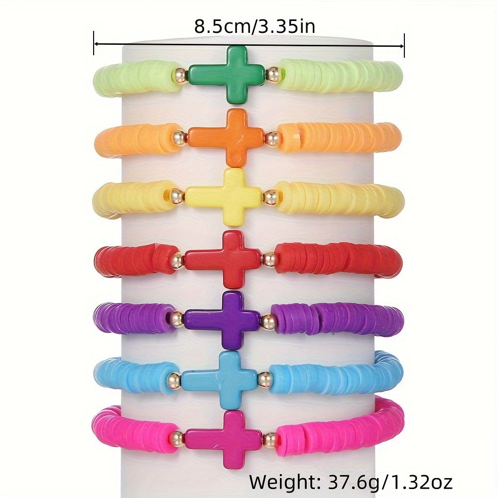 Boho 7pcs Polymer Clay Bracelet Set with Cross Charm - Colorful Beaded Elastic